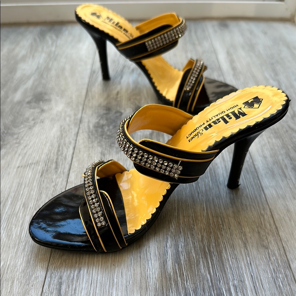 Milan Black High Heel Sandals with Rhinestone Accents